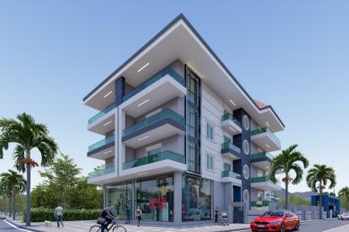 Alanya eiendom med et moderne kjøkken og stue i åpen planløsning med marmorgulv, elegante skap og lyse, naturlige lysforhold.