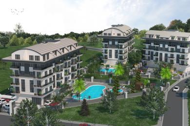 Obývací pokoj v nemovitosti Alanya s mramorovou podlahou, texturovanou stěnou, plyšovým posezením a schodištěm, vytvářející luxusní atmosféru.