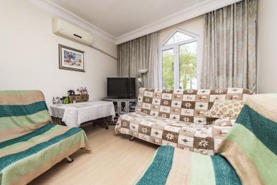 Salón de propiedad en Alanya con sofá estampado, suelos de madera clara, luz natural de una gran ventana y ambiente acogedor.