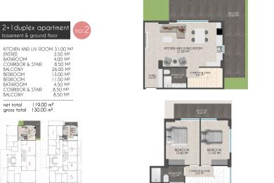 Pôdorys nehnuteľnosti v Alanyi zobrazuje moderný 2+1 mezonetový apartmán s dvoma spálňami, kuchyňou a balkónom.