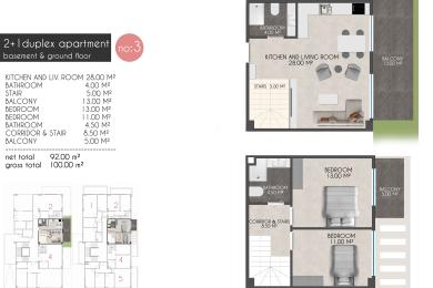 Pôdorys nehnuteľnosti v Alanyi zobrazuje moderný 2+1 mezonetový apartmán s kuchyňou, obývacou izbou, spálňami a balkónmi.