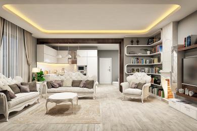 Alanya ejendom stue med udsmykkede hvide sofaer, et moderne køkken og stilfulde indbyggede reoler med varm belysning.