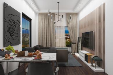 Alanya woning woonkamer met een marmeren eettafel, moderne verlichting en een comfortabele, neutraal getinte zithoek met uitzicht op de stad.