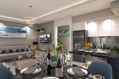 Proprietate în Alanya: Zonă de living și dining open-space cu bucătărie modernă, suprafețe elegante și iluminare caldă și primitoare.