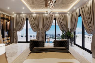 Camera da letto di una proprietà ad Alanya con vista dal balcone, pavimenti in marmo, tende eleganti e un'atmosfera lussuosa e luminosa.