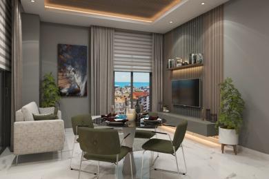 Bu Alanya mülkündeki yemek alanı, modern bir masa, zeytin rengi sandalyeler, ahşap paneller ve şehir manzarasına sahiptir.
