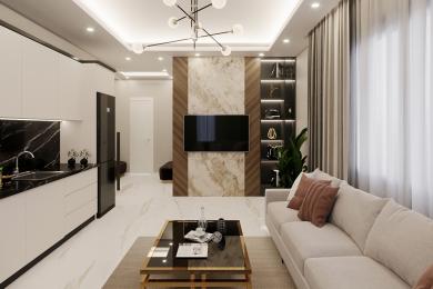 Propiedad en Alanya: Salón moderno con una cocina elegante, detalles de mármol y una iluminación cálida y acogedora.