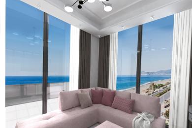 Jasny salon w Alanyi z pluszową różową sofą i panoramicznym widokiem na ocean przez okna sięgające od podłogi do sufitu.