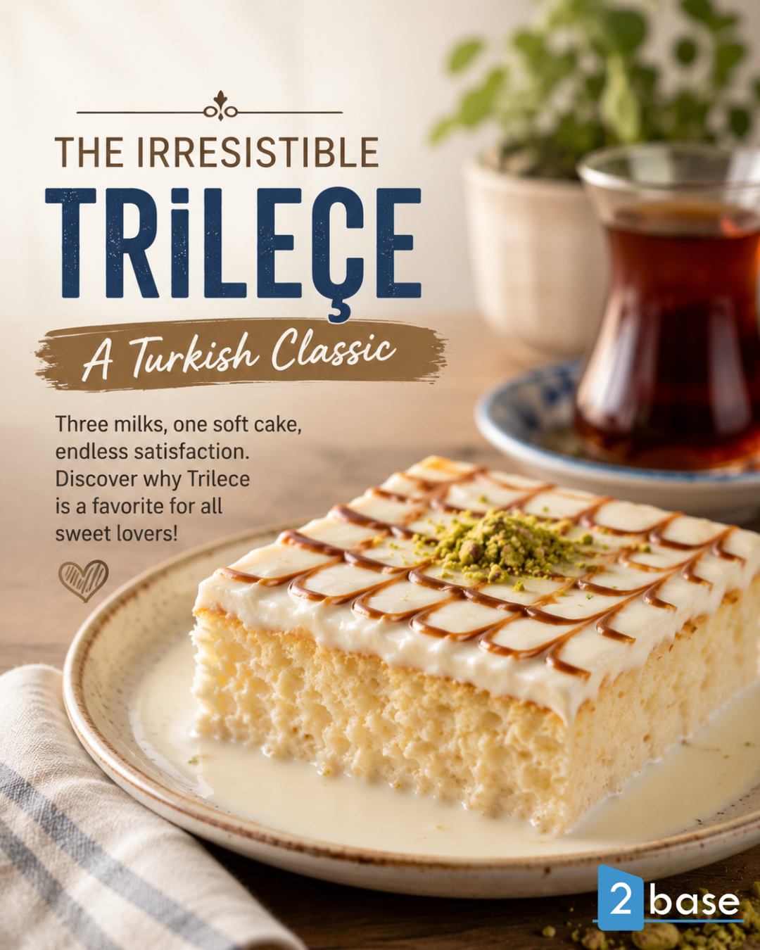 A close-up of a plate of Alanya's Trileçe dessert, a traditional Turkish sweet treat.