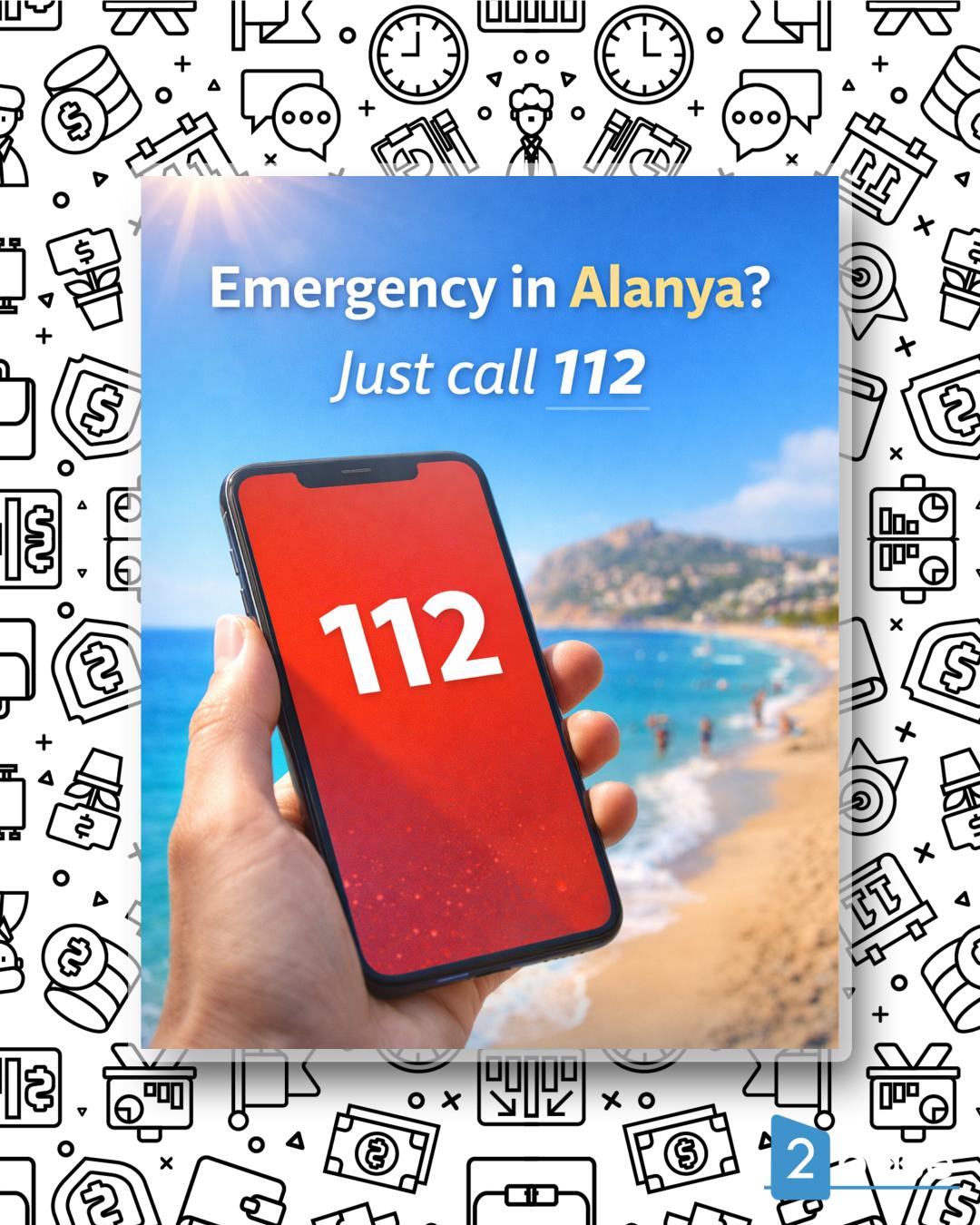 Alanya strand veiligheid: Telefoon met noodnummer 112, voor een veilige vakantie.