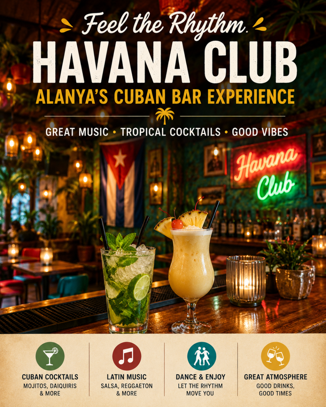 Havana Club v Alanyi nabízí tropické koktejly, latinskoamerickou hudbu a živou atmosféru.