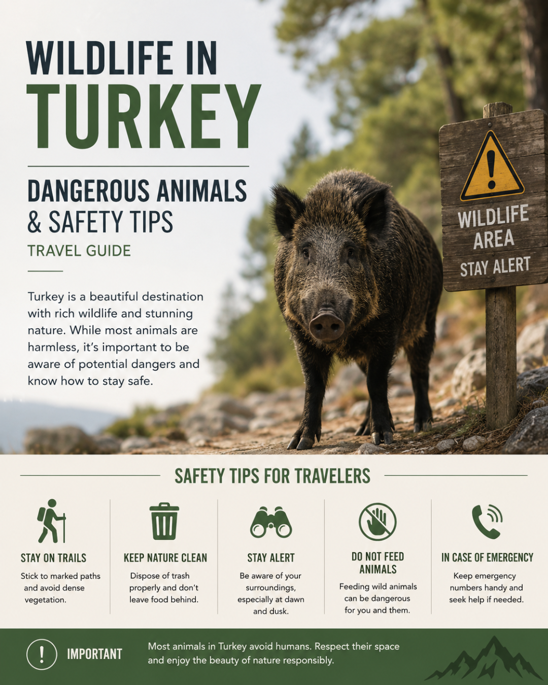 A wild boar stands in the natural landscape of Turkey, emphasizing the safety of the area for tourists and holidaymakers.