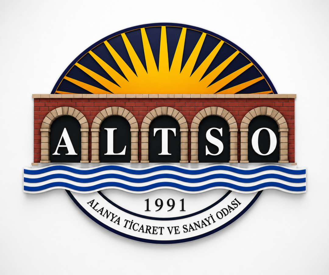 Alanya's levendige logo met een zon, bogen en golven, symbool voor toerisme en vakantiewoningen.