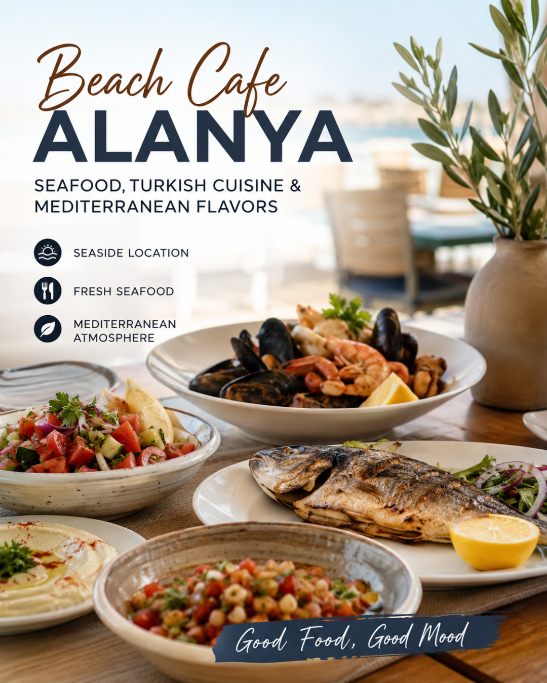 Alanya strandcafé som erbjuder färska skaldjur och medelhavssmaker i en avslappnad atmosfär.