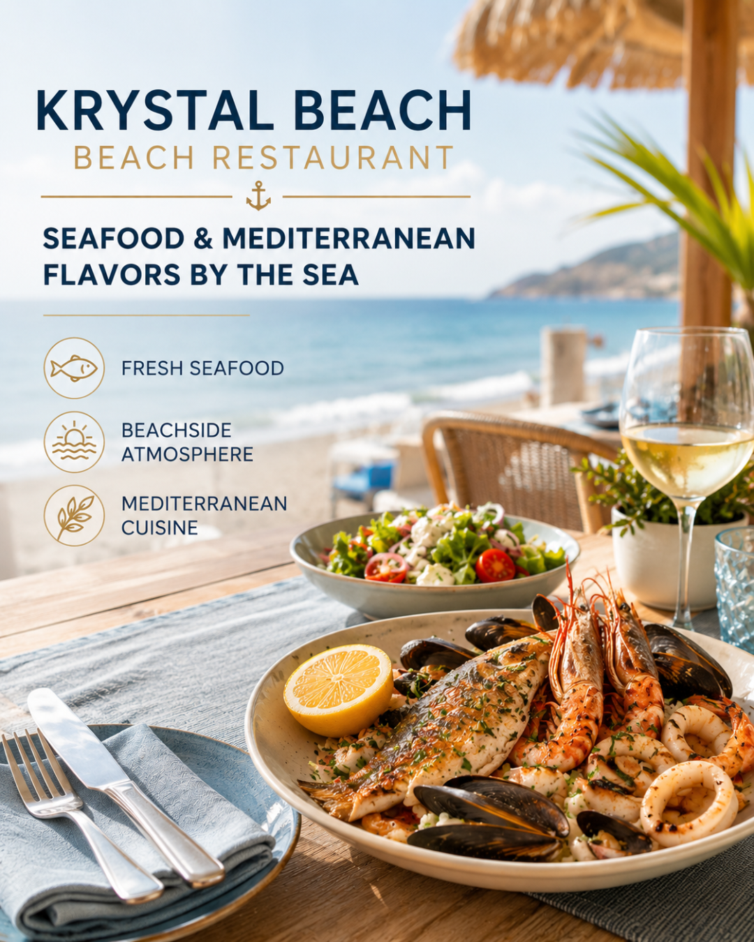 Restauracja Krystal Beach oferuje świeże owoce morza i kuchnię śródziemnomorską z relaksującą atmosferą przy plaży.