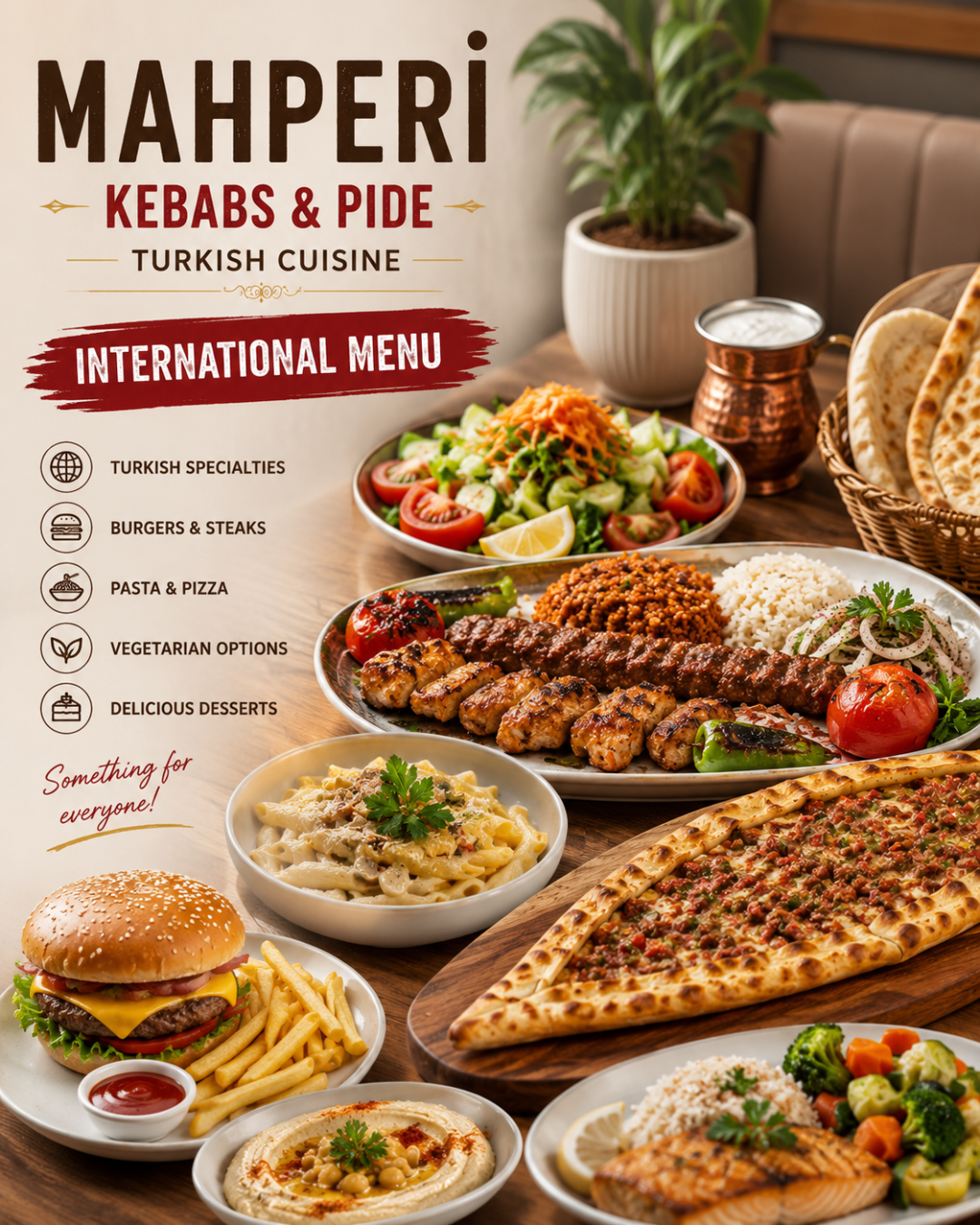 Alanya'daki bir restoranın iç mekanı, Türk ve uluslararası yemekler sunmaktadır.