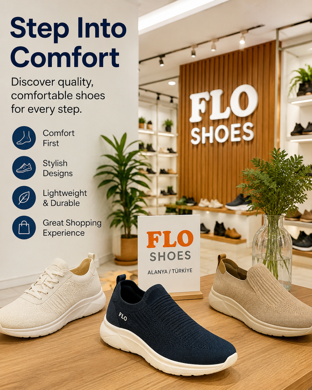 Komfortable, stilfulde sko hos FLO Shoes Alanya, perfekte til ferieshoppere.