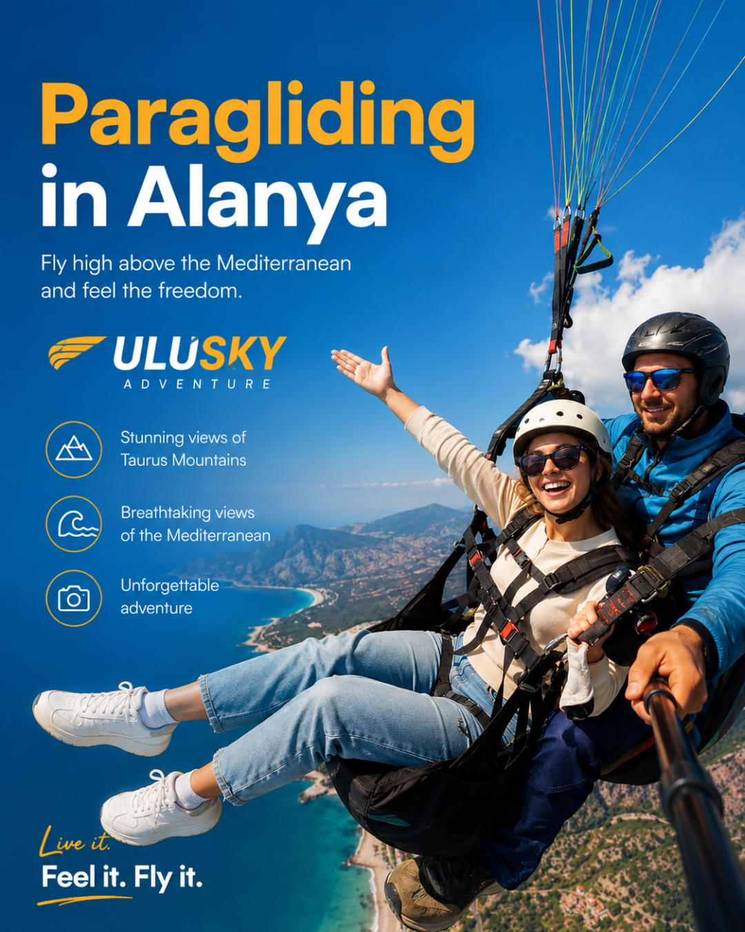 Paragliding yllä Alanyassa tarjoaa upeat näkymät Välimerelle ja Taurusvuorille.
