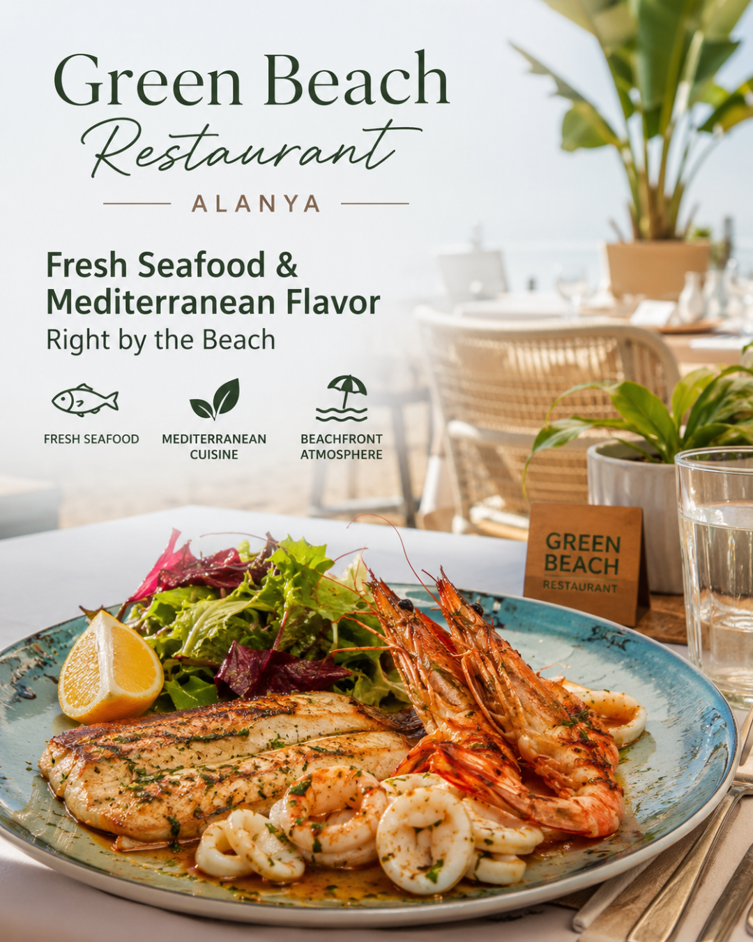 Alanyas Green Beach Restaurant tilbyr fersk sjømat og middelhavsmat med en vakker strandatmosfære.