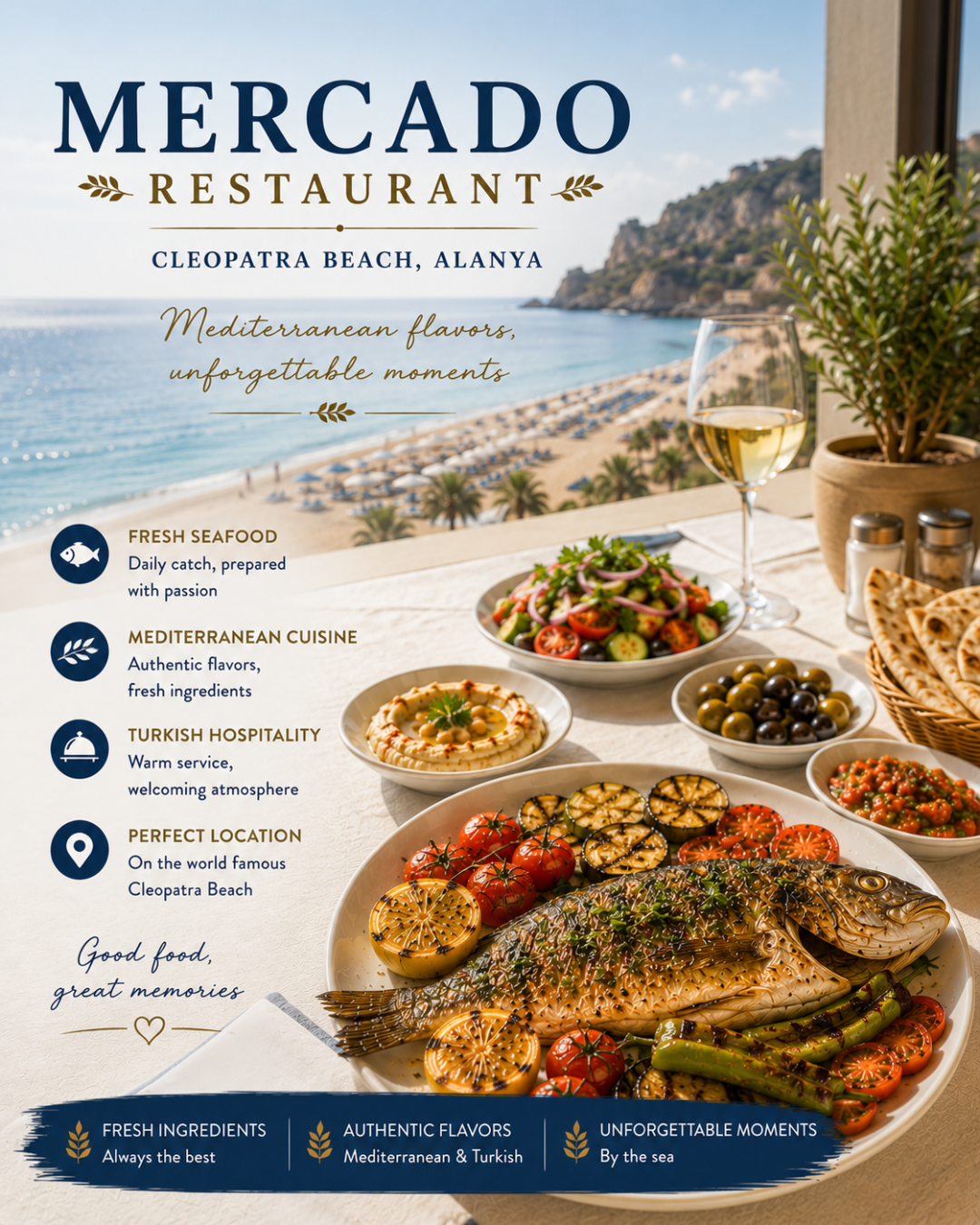 Ресторант Mercado предлага пресни морски дарове и средиземноморска кухня на плаж Клеопатра в Алания.