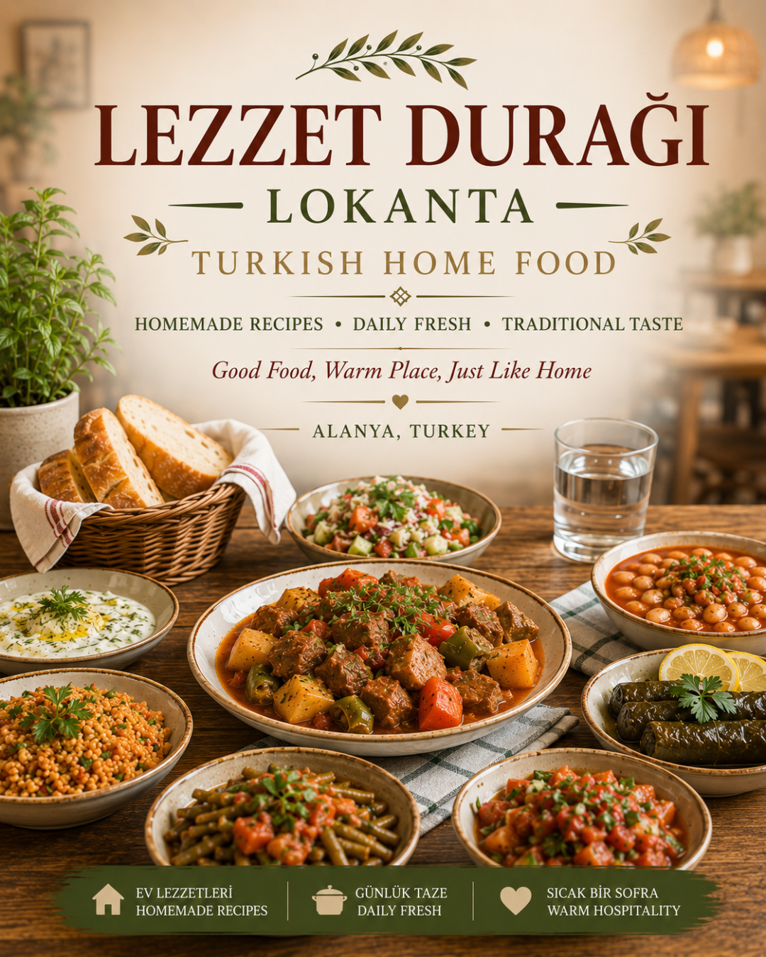 Alanyan turkkilainen kotiruoka tarjoaa herkullisia, tuoreita aterioita ja lämmintä vieraanvaraisuutta.