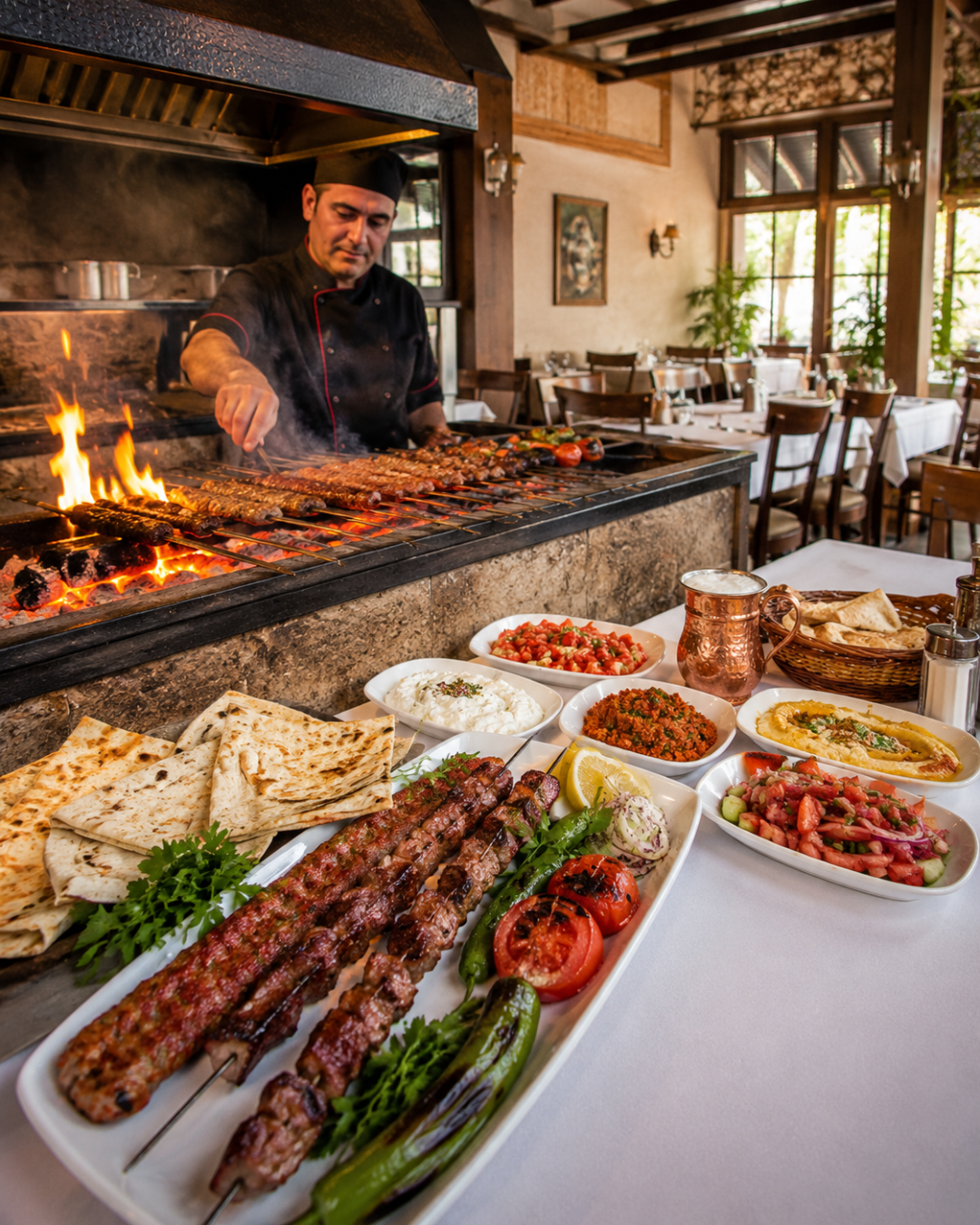 Restaurang i Alanya som erbjuder grillade kebabrätter och mezze, perfekt för semesterfirare.