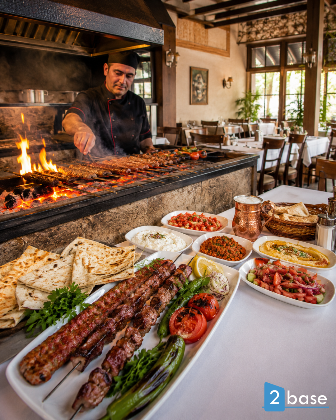 Authentieke Turkse kebabs gegrild boven houtskool in een gezellig restaurant in Alanya.