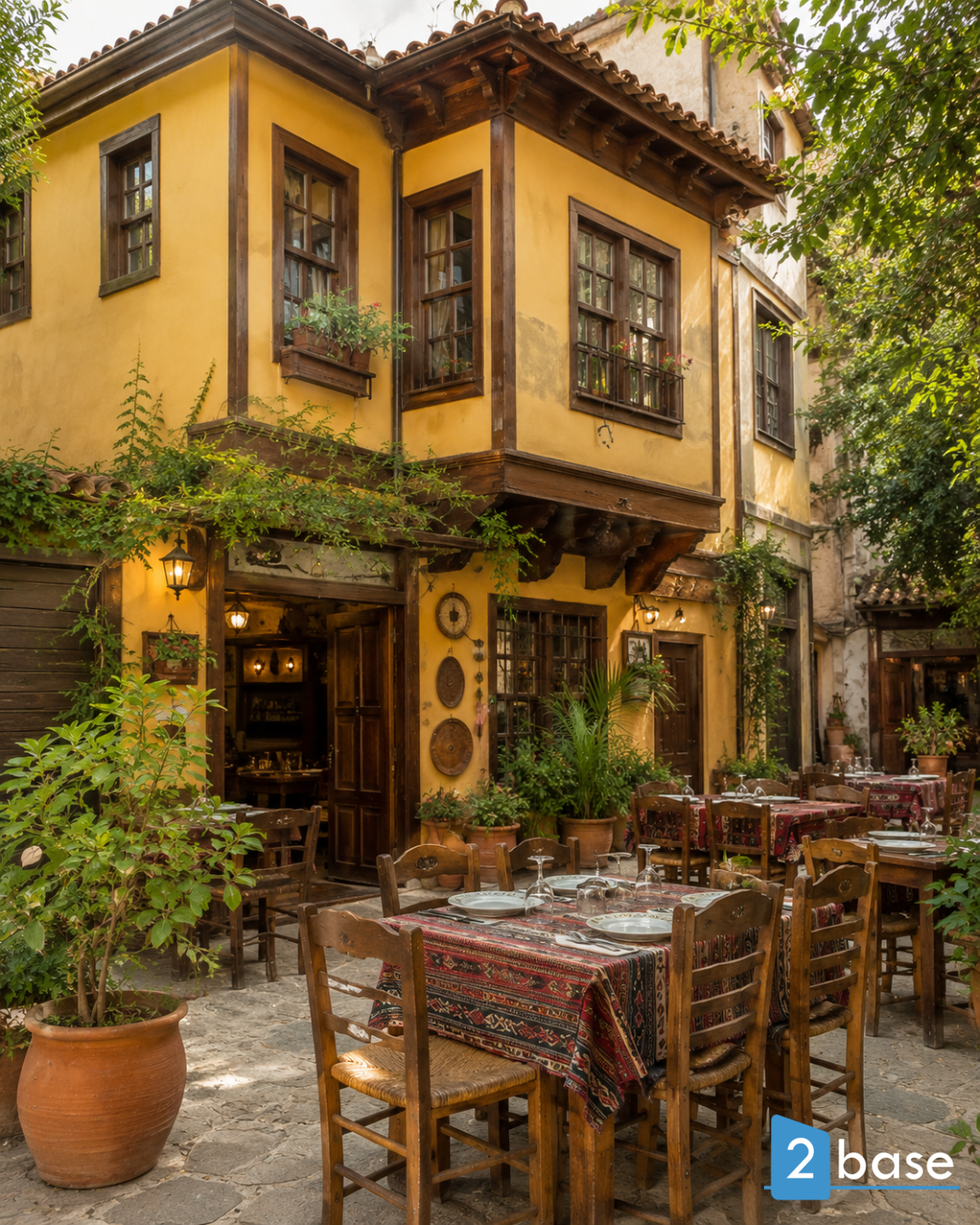Okouzlující nádvoří restaurace v Alanyi s tradiční tureckou atmosférou a venkovním posezením.