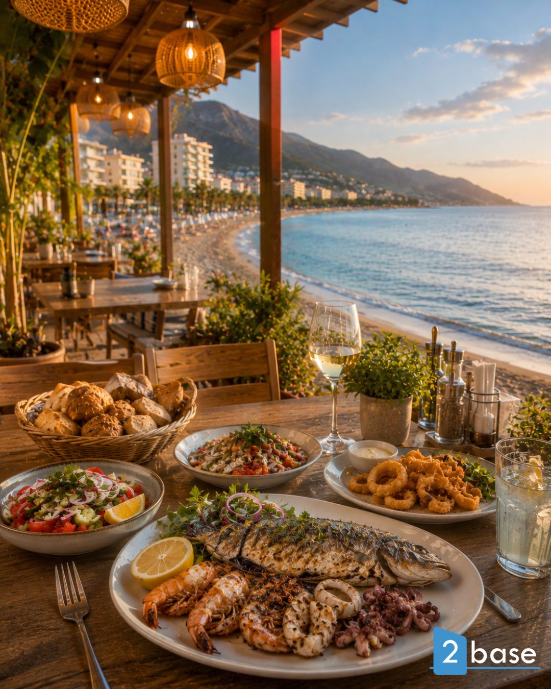 Restaurang vid stranden i Alanya med färska skaldjur och fantastisk solnedgång.