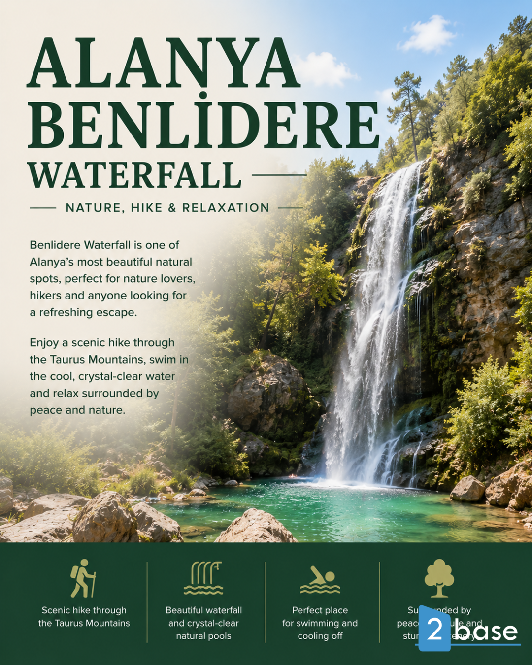 A scenic view of Alanya's Benlidere Waterfall, perfect for hiking, swimming, and nature relaxation.