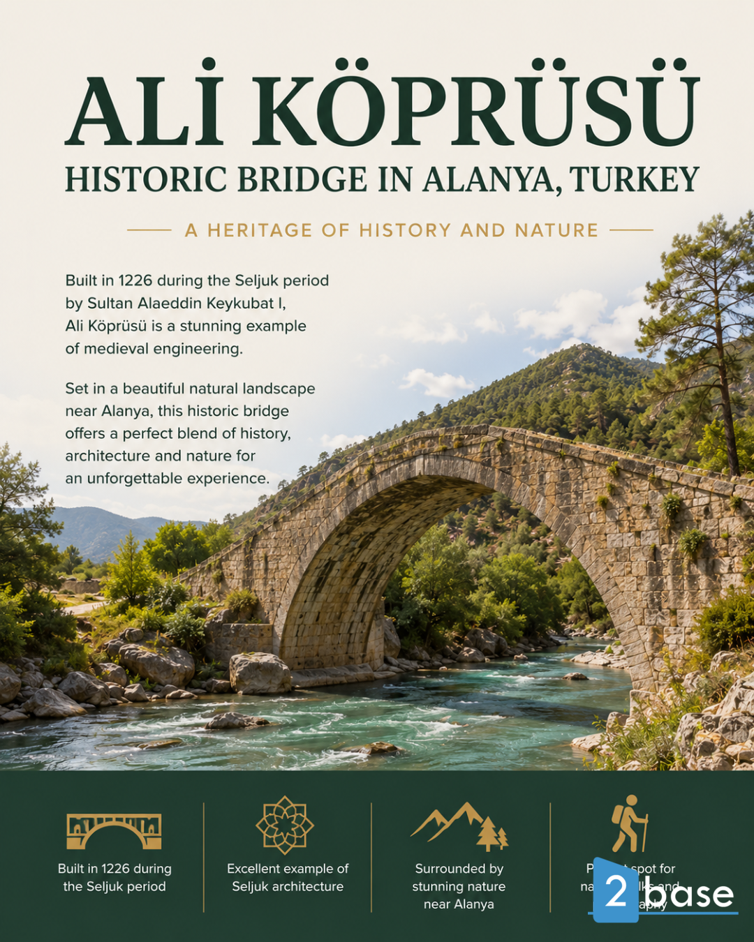 Historisk seldjukisk bro nära Alanya, Turkiet, med fantastisk natur och medeltida arkitektur.