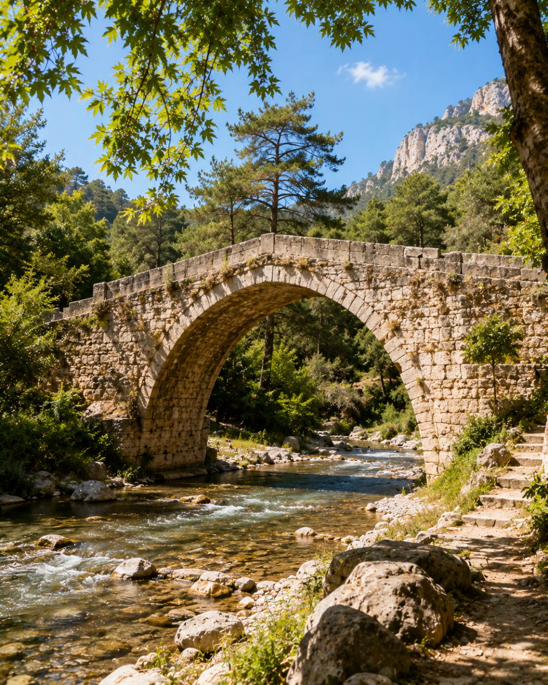Istorijski kameni most preko bistre reke, prirodna lepota Alanije za odmor.