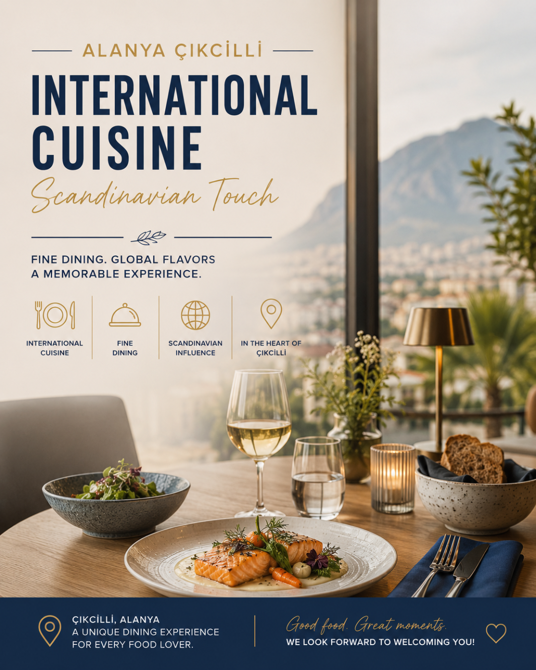 Elegantná jedáleň v Çikcilli, Alanya, ponúkajúca medzinárodnú kuchyňu so škandinávskym nádychom.