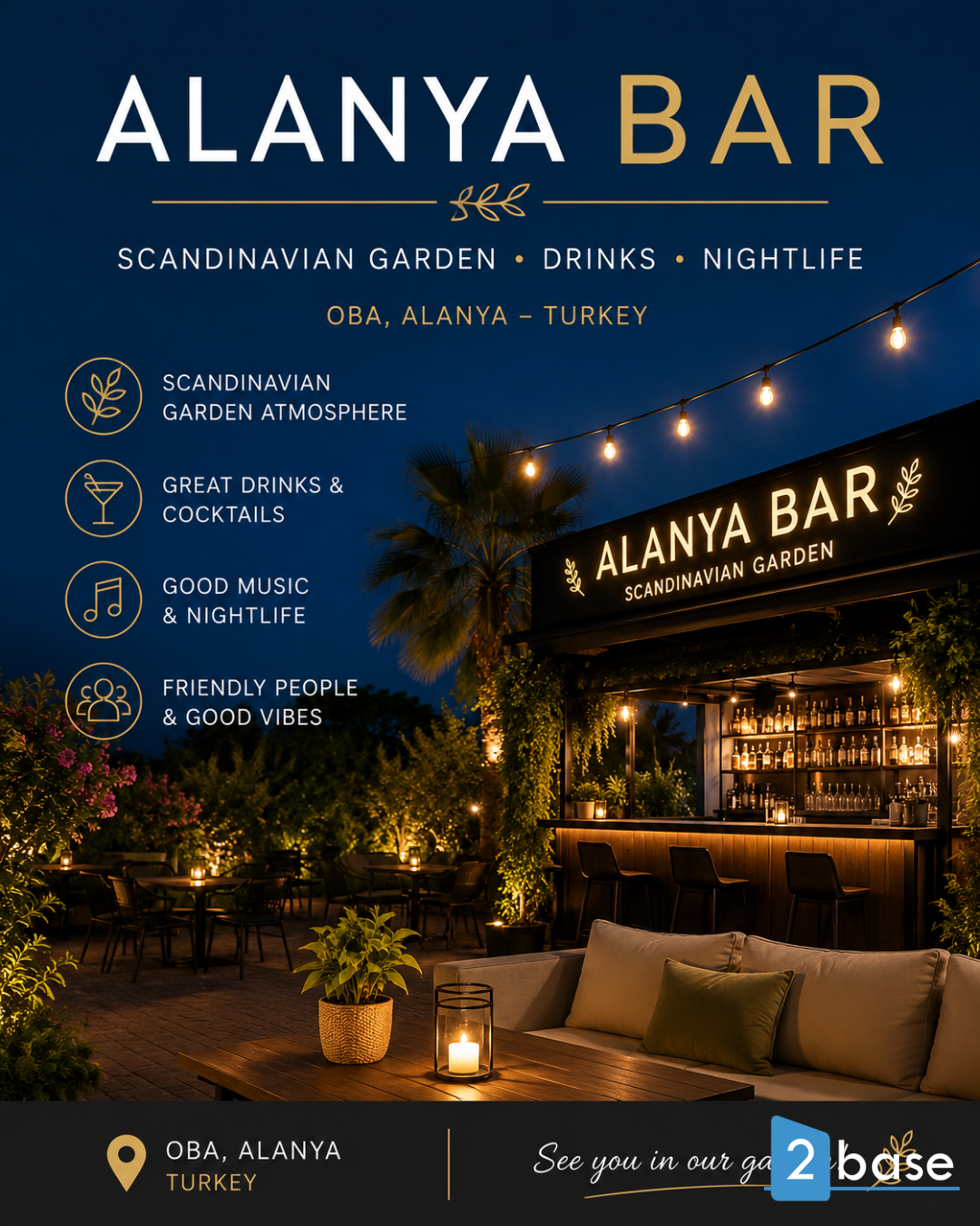 Um bar de jardim em estilo escandinavo em Alanya, Turquia, servindo bebidas.