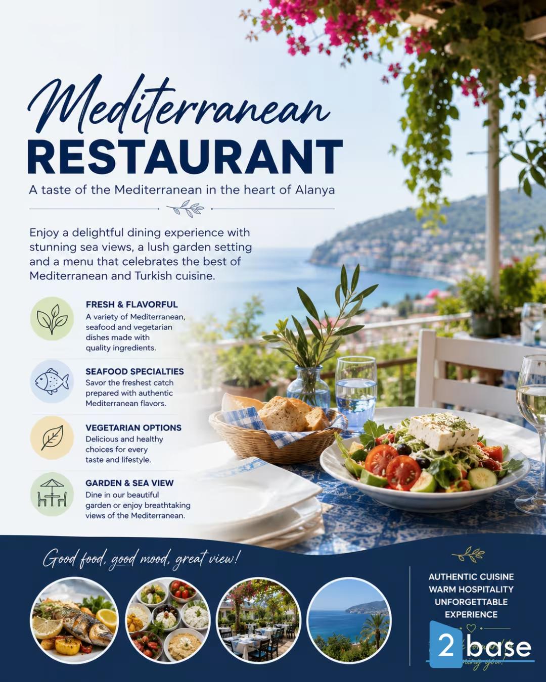 Alanya restaurant med utsikt over Middelhavet, hage servering og fersk mat.