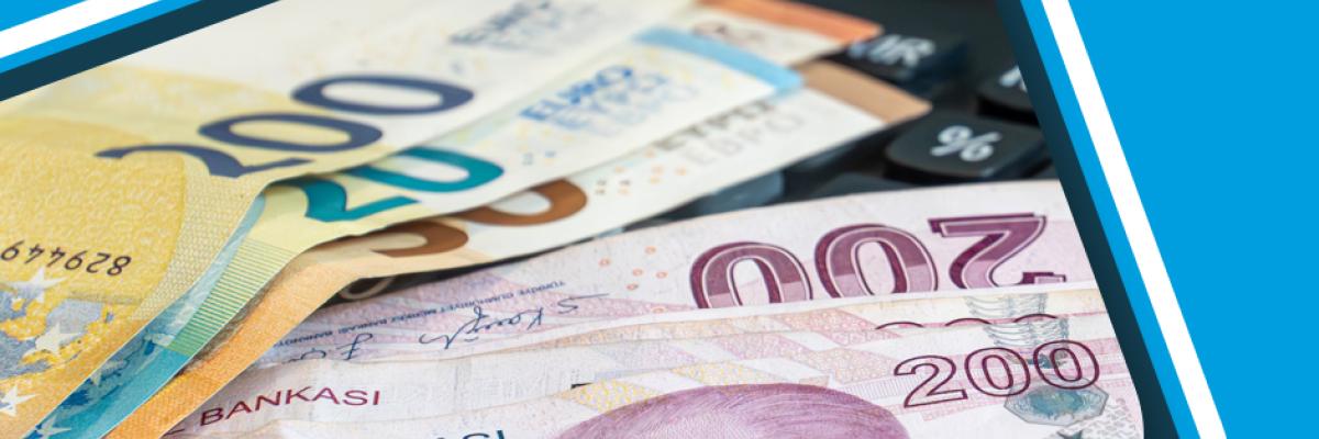 Lira turecka i waluta euro z kalkulatorem, reprezentujące koszty inwestycji w dom wakacyjny w Alanyi.