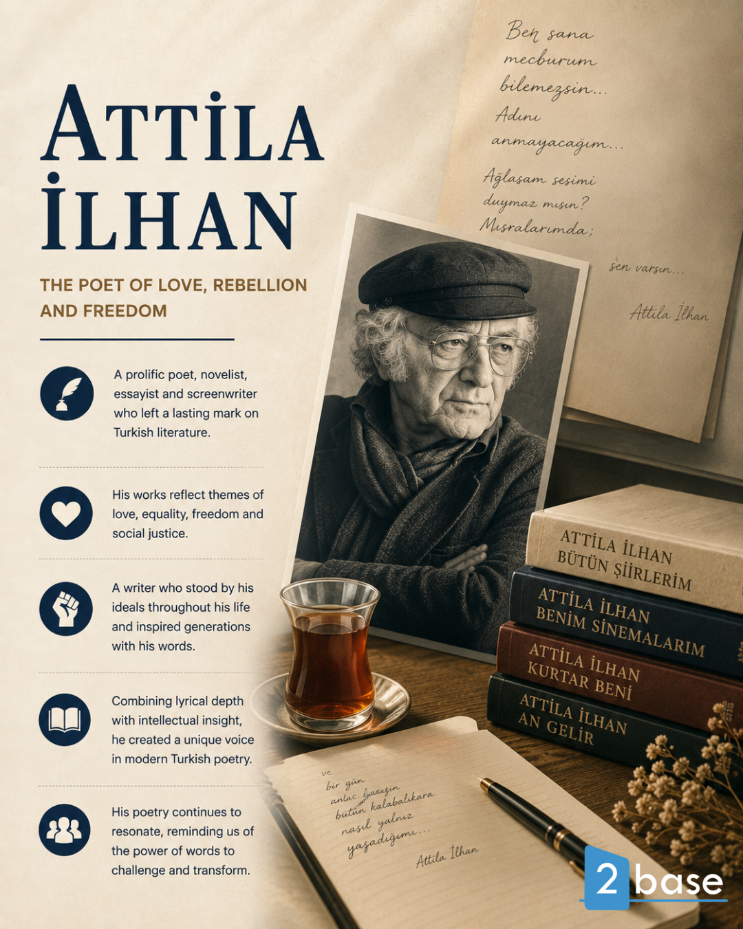 Аттила İlhan-ның портреті ойлы, әдеби атмосфераны тудырады, бұл Аланияның мәдени туризміне өте ыңғайлы.