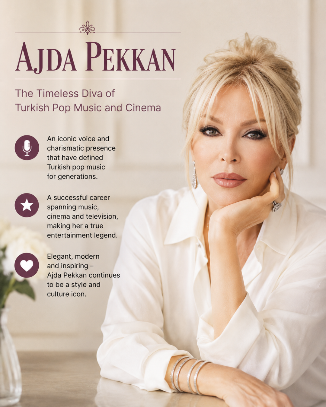 Elegante Ajda Pekkan, tijdloze diva van de Turkse popmuziek, inspireert het toerisme in Alanya.