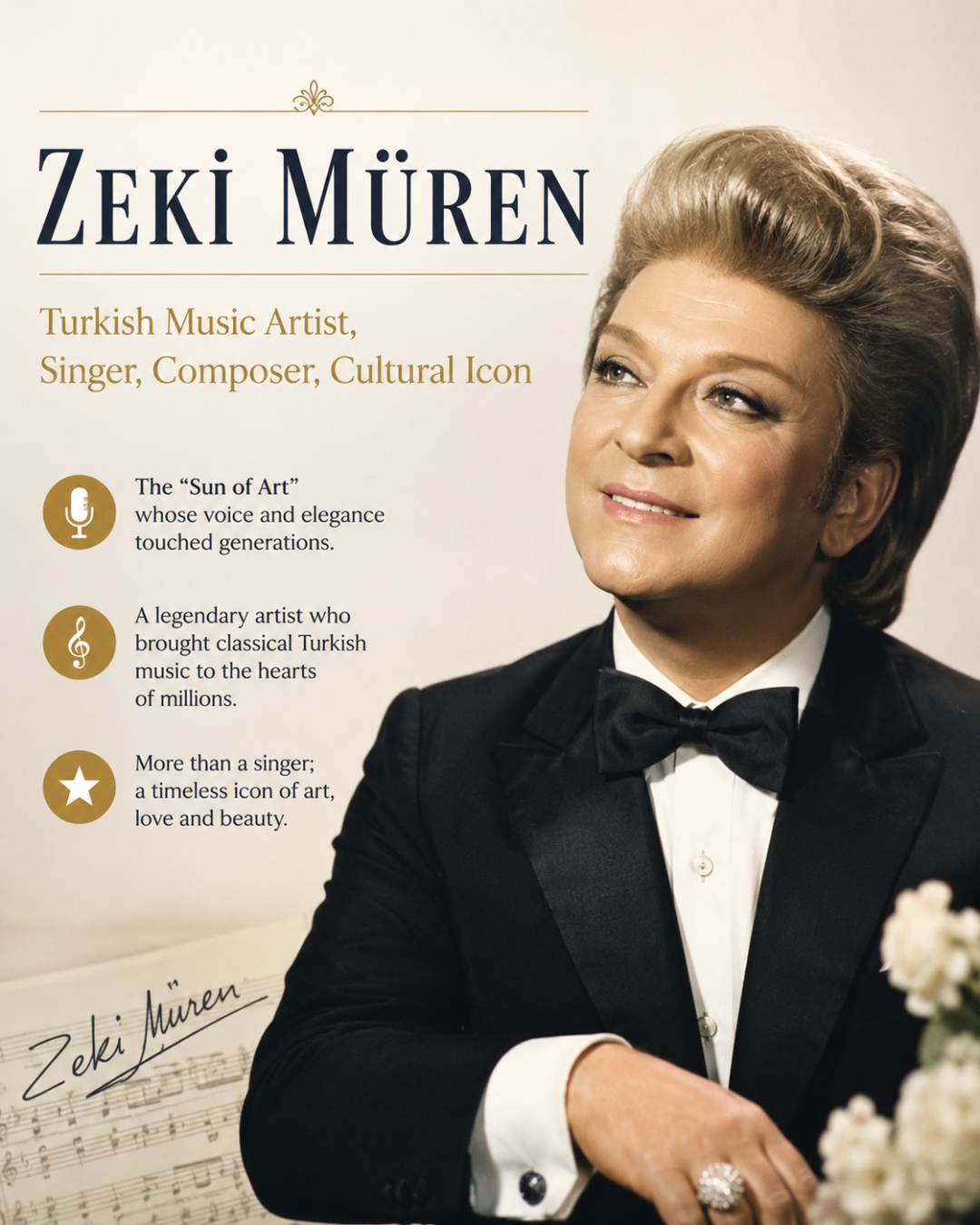 Glæsilegt portrett af tónlistartákninu Zeki Müren, sem táknar menningarlegan sjarma Alanya.
