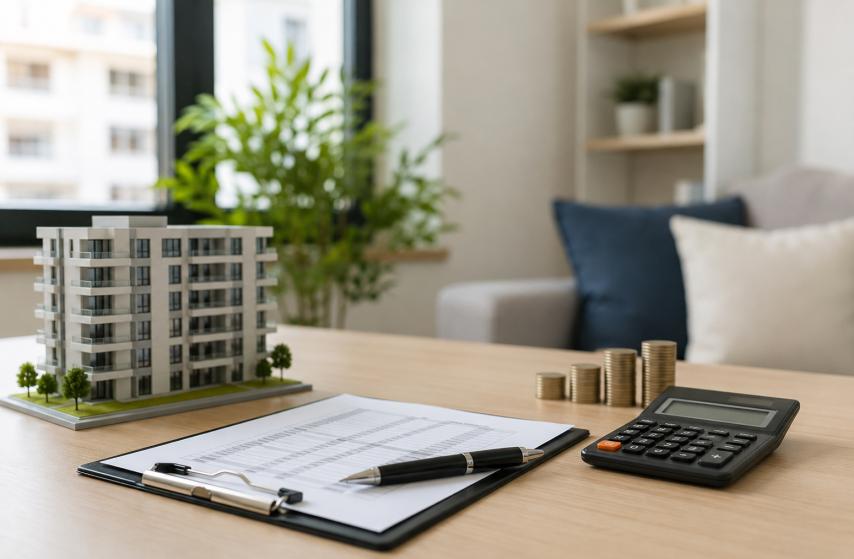 Modell lägenhet med kalkylator och mynt som en investeringsmöjlighet i Alanya.