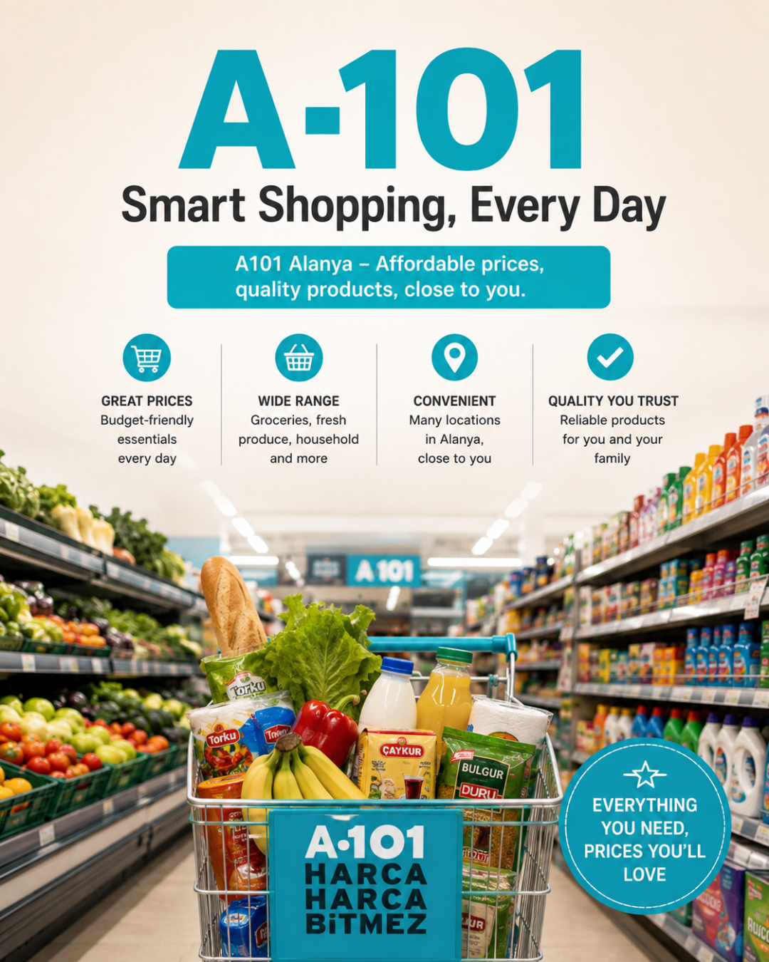 A-101 Alanya offers affordable groceries and essentials for your holiday home needs.