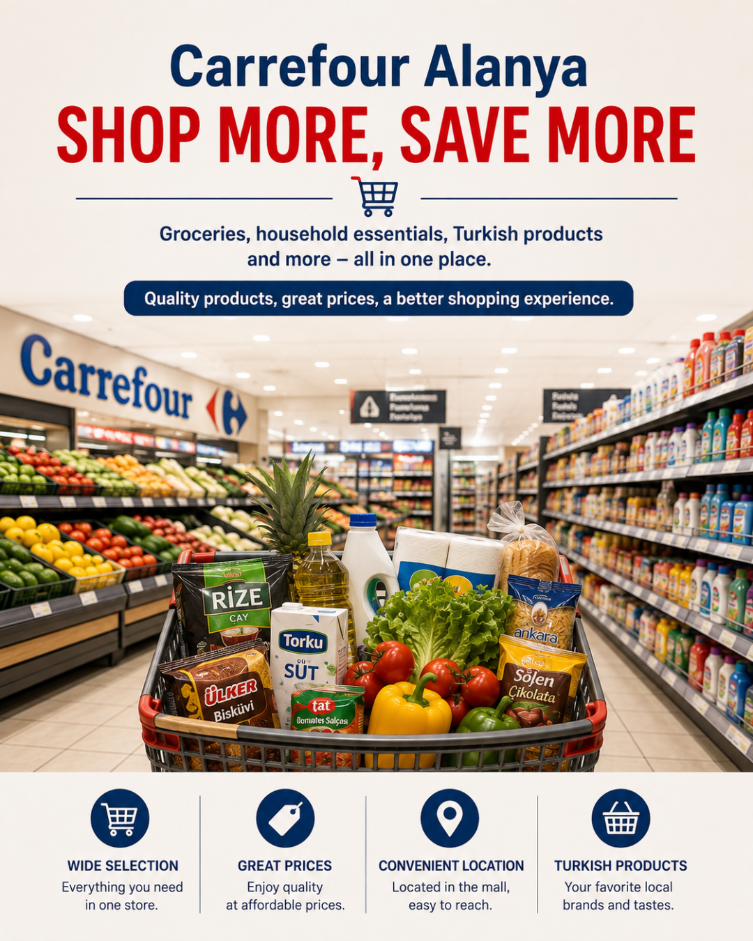 A sign for Carrefour Alanya, a supermarket offering a convenient shopping experience.
