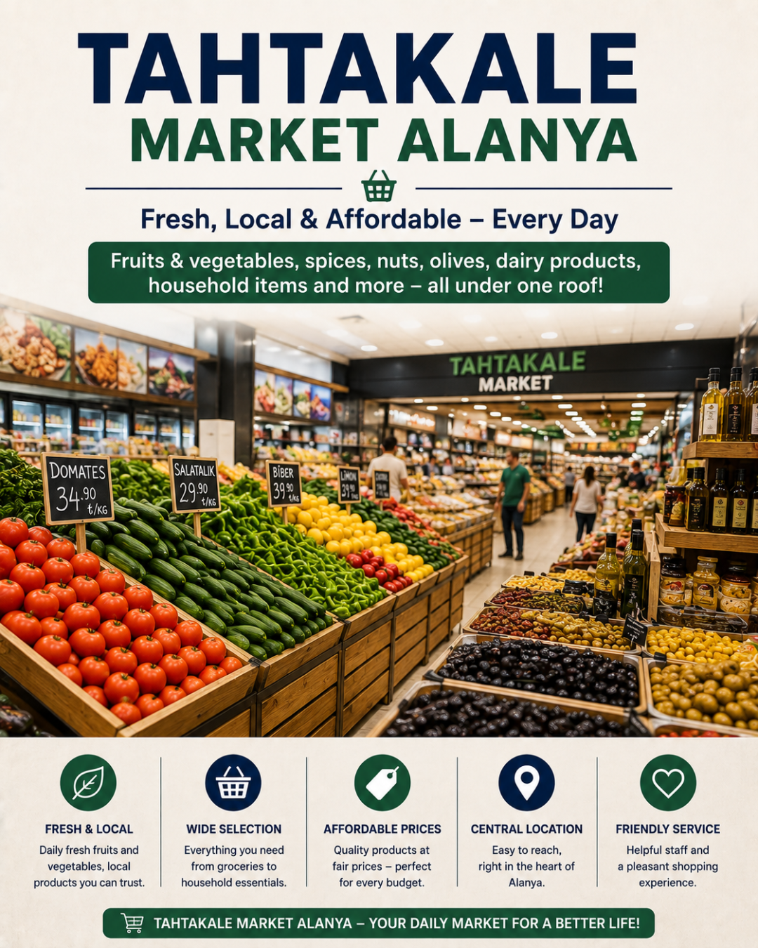 A vibrant shopping experience at Alanya's Tahtakale Market, featuring fresh local produce and household items.