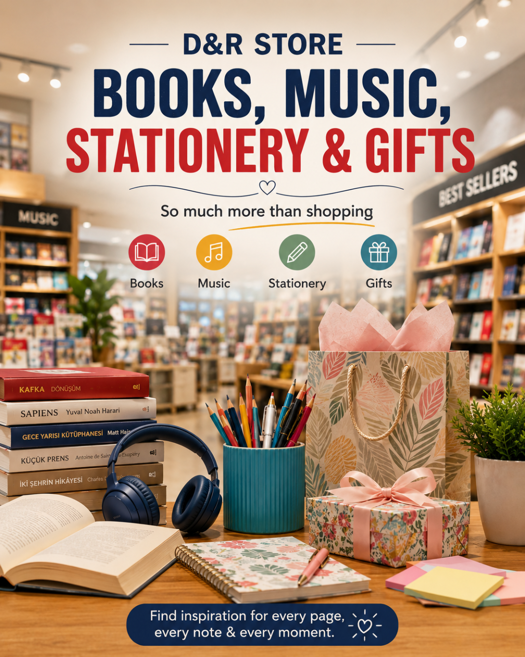 A vibrant D&R store in Alanya offering books, music, stationery, and gifts for a holiday experience.