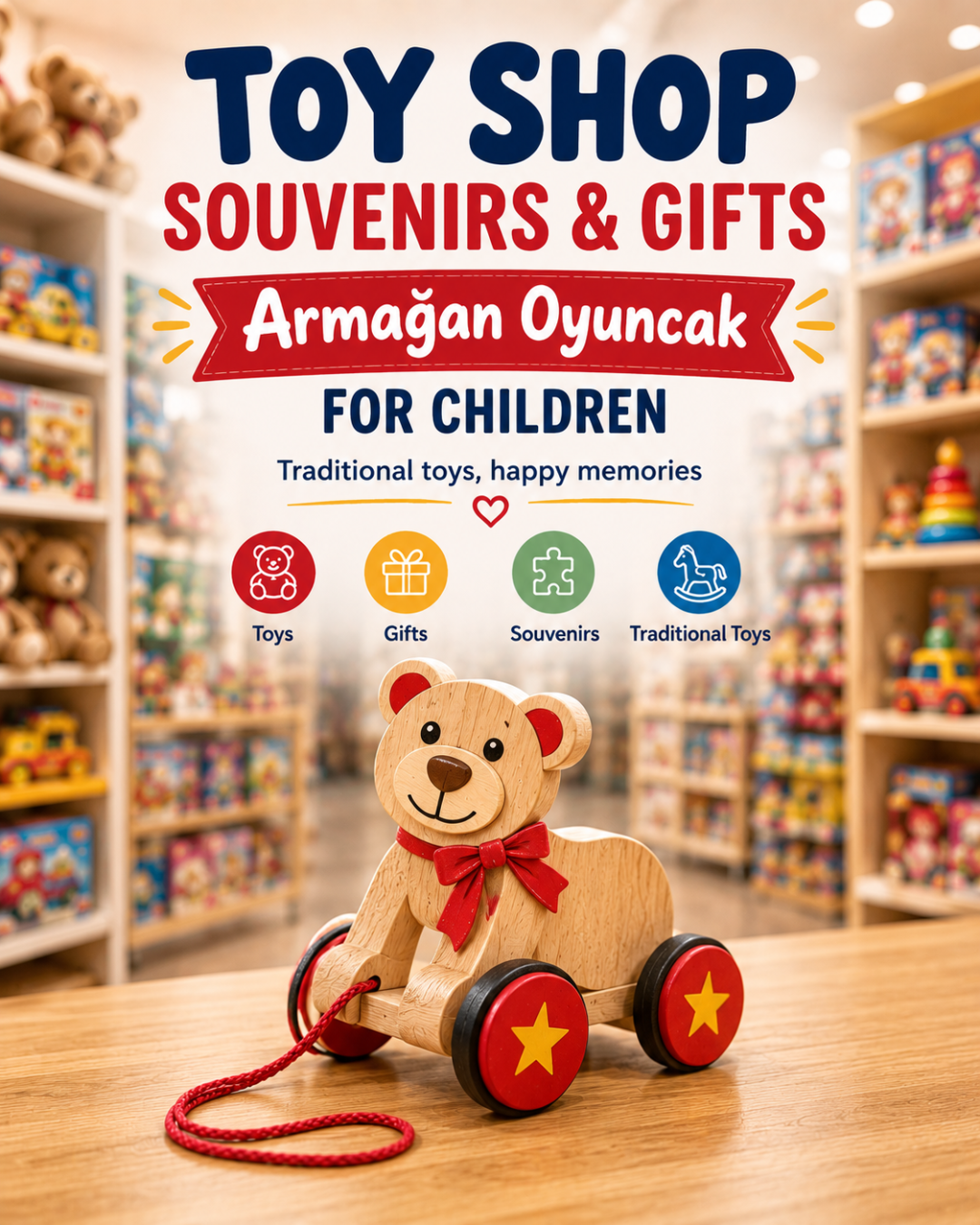 A toy shop in Alanya displaying traditional toys, gifts, and souvenirs, perfect for family holidays.