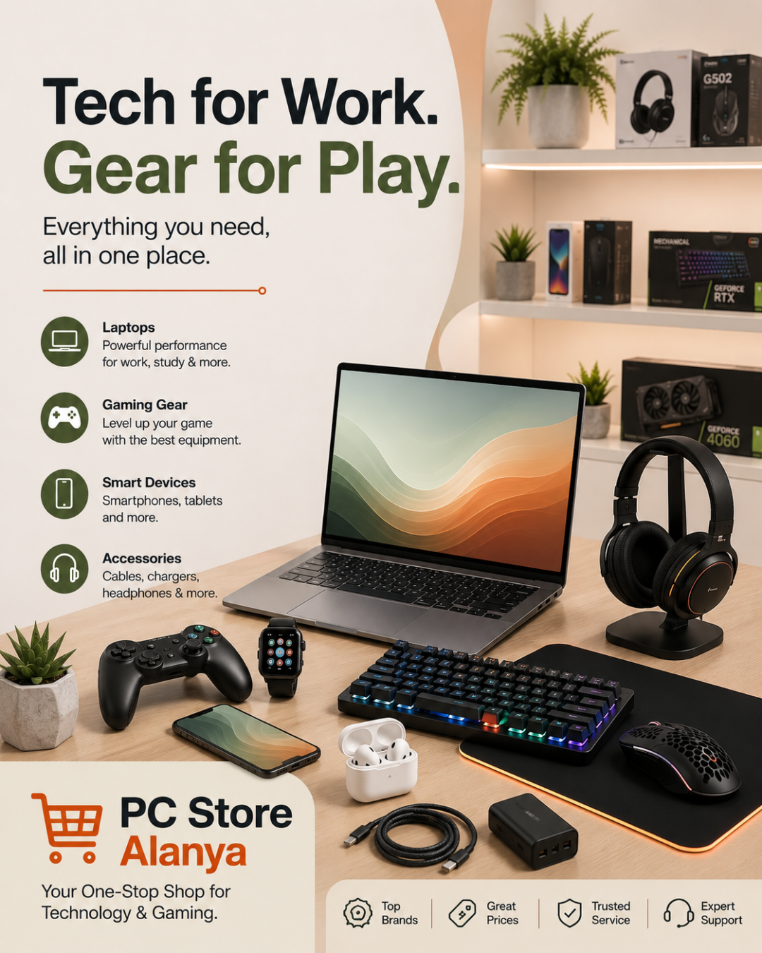 알라냐 PC 스토어는 휴가철 주택 소유주에게 적합한 업무 및 놀이용 기술 제품을 제공합니다.